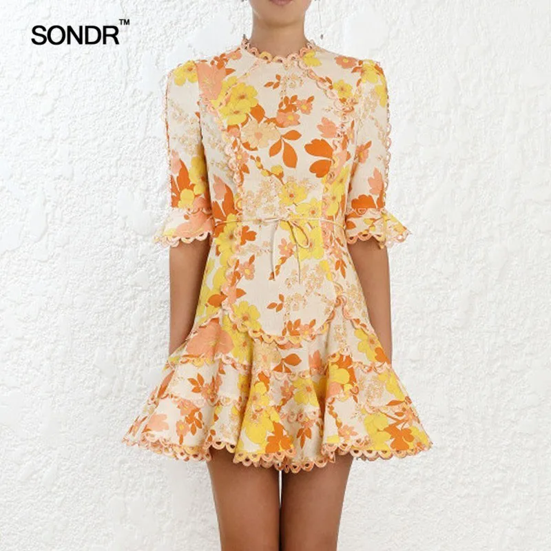 

SONDR Print Dress Female O Neck Flare Half Sleeve High Waist Lace Up Mini Dresses Women 2019 Summer Casual Fashion New