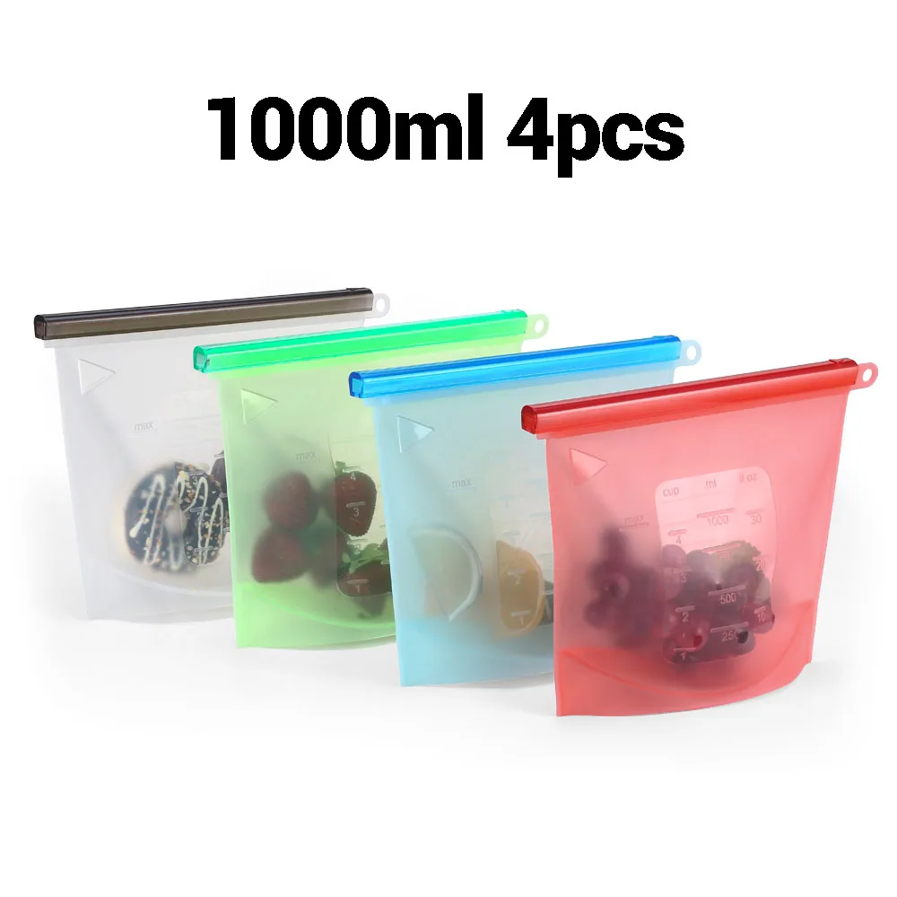 4pcs 1000ml 4Color Многоразовые силиконовые вакуумные пакеты для хранения продуктов, контейнеры для хранения фруктов, мяса, молока, пакет для холодильника Ziplock, кухонный Органайзер - Цвет: 4pcs 1000ml 4Color
