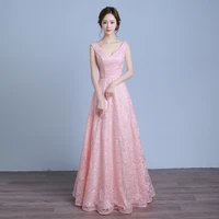 robe de soiree pink lace long evening dresses elegant floor length v neck party prom dress 2020 hot sale in stock