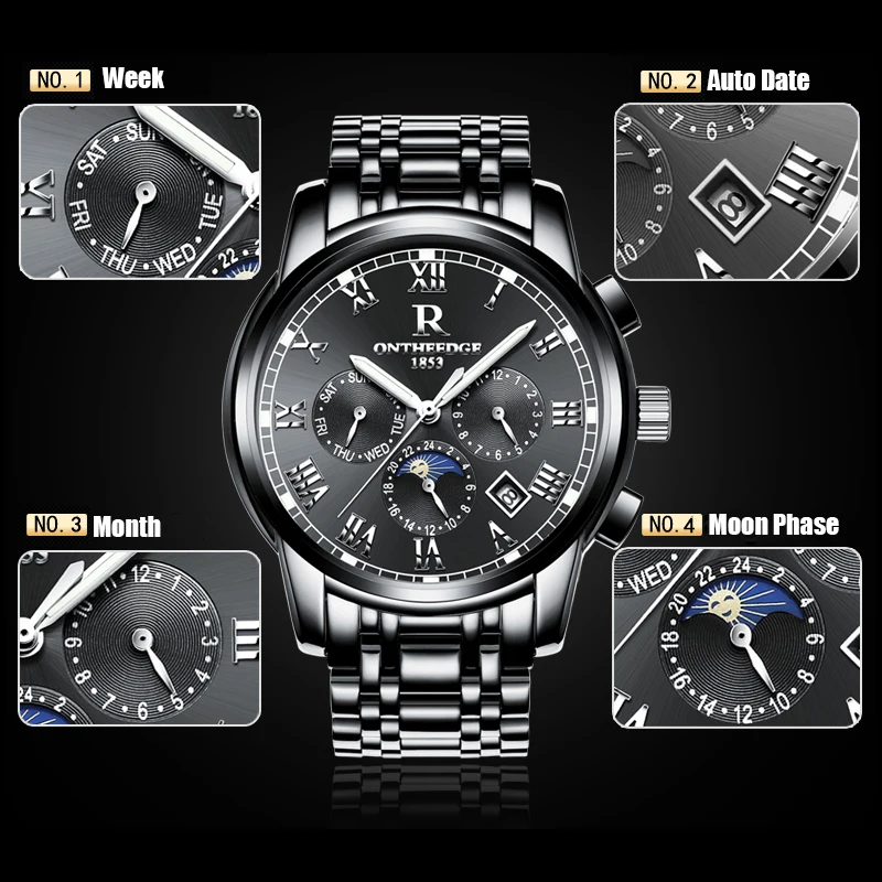 Модные механические часы RONTHEEDGE для мужчин Автоматические Стальные наручные с