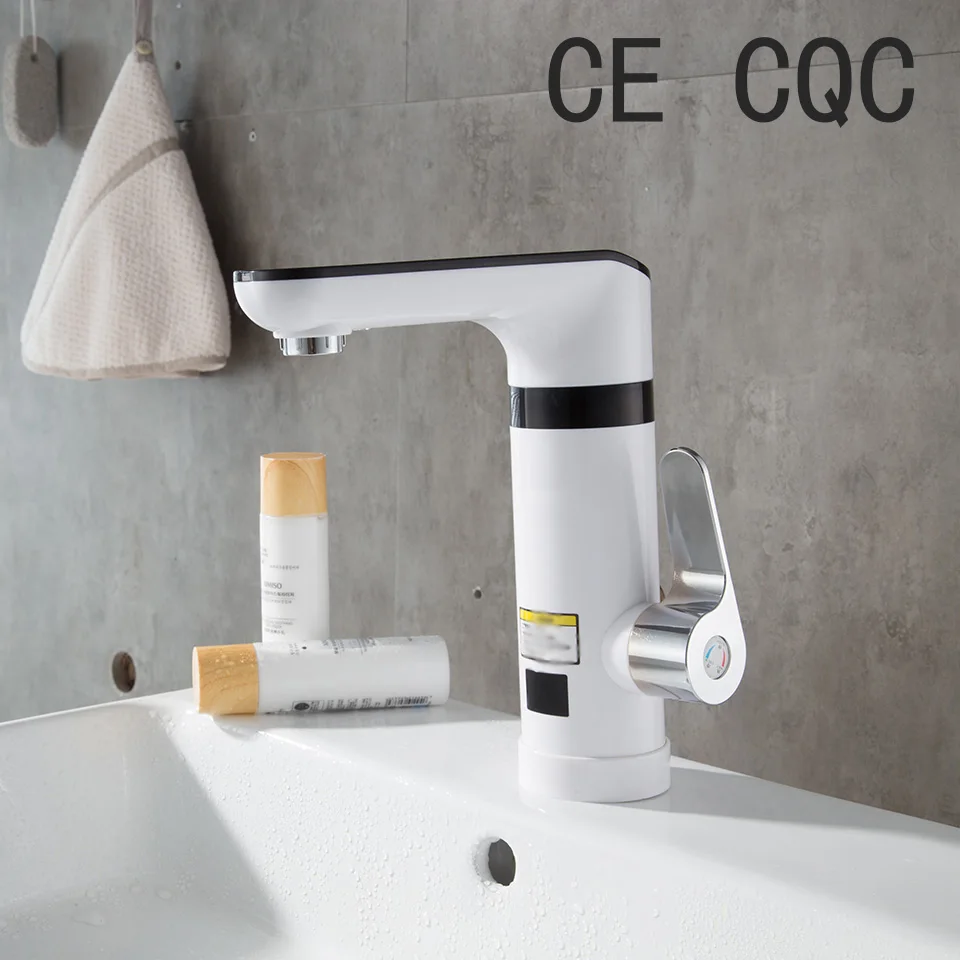 White Electric Basin Water Heater Tap Instant Hot Water Faucet Heater Cold Hot Faucet With TEM Digital Display 220V
