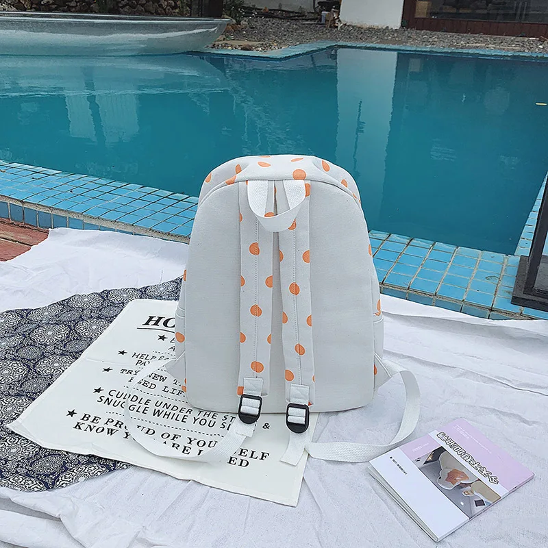 Черный белый холщовый рюкзак с принтом в горошек Женский школьный для