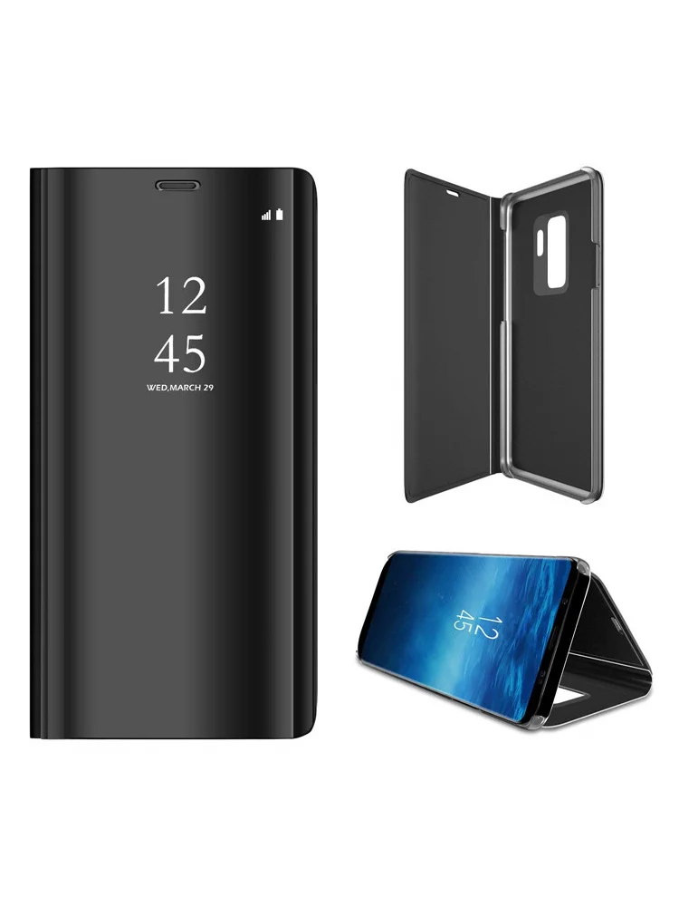 Черный Умный зеркальный кожаный Капа для samsung Galaxy J4 J6 J8 A7 A8 A9 S6 S7 край S8 S9 S10 плюс S10E A10 A30 A50 M10 M20 M30 Note 8 9 чехол - Цвет: Черный