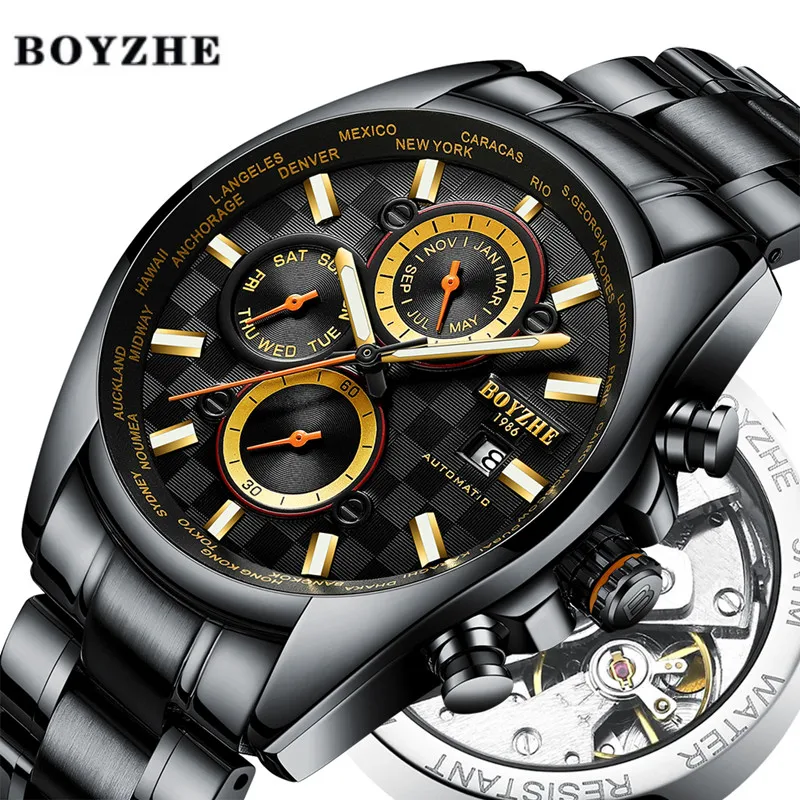 

BOYZHE Manner Automatische Mechanische Uhr Schwarz Wasserdicht Sport Luxus Marke Uhr Manner Edelstahl Uhren Relogio Masculino