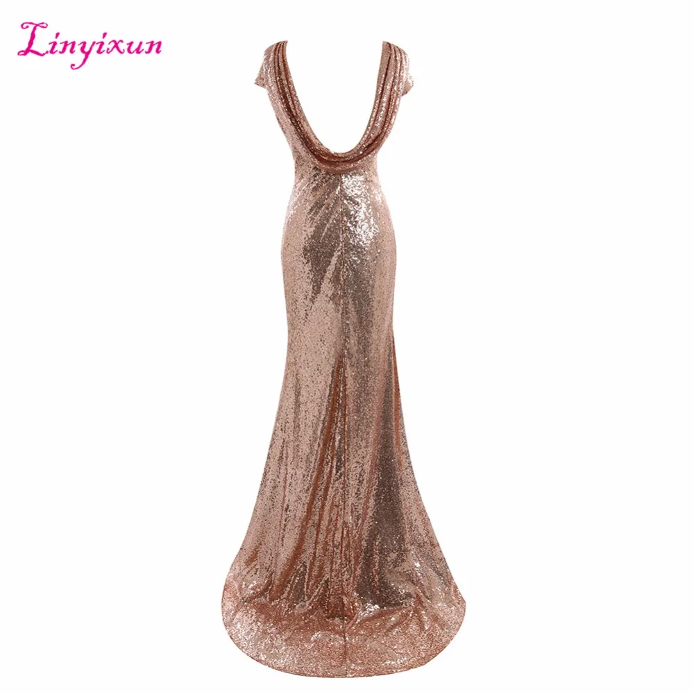 Длинное платье Linyixun цвета шампанского золотого с блестками коротким рукавом