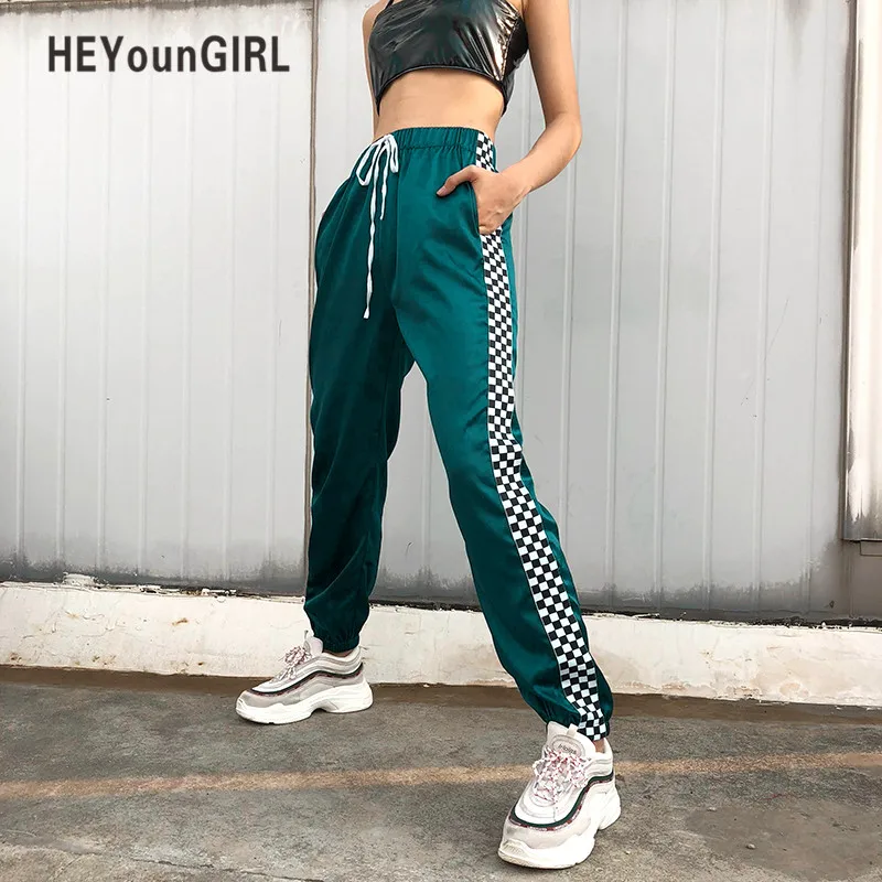 HEYounGIRL Лоскутная шахматная доска Ленты Брюки женские повседневные свободные джоггеры Брюки Высокая талия пот брюки уличная шаровары