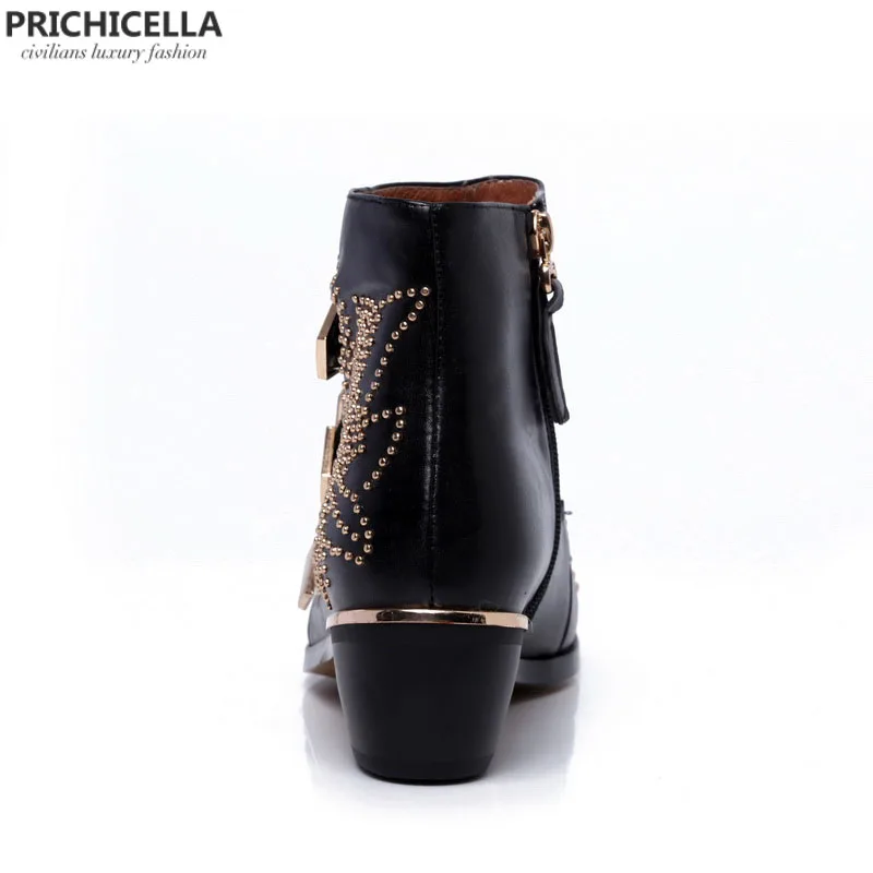PRICHICELLA/женские ботильоны из натуральной кожи с золотистыми шипами и ремешком; ботинки-гладиаторы на низком каблуке с шипами