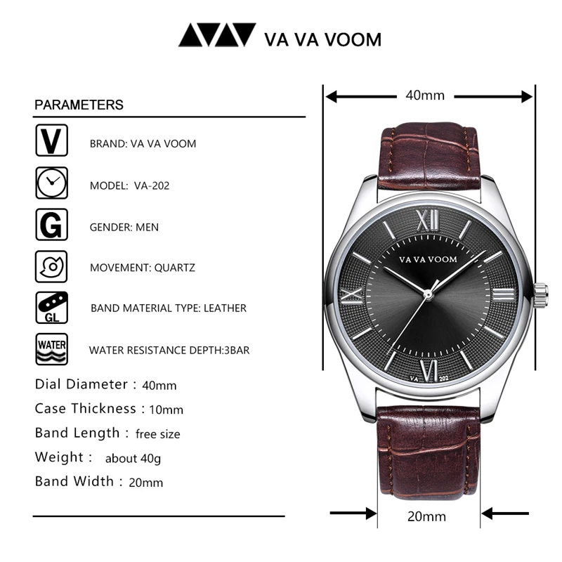 

VA VA VOOMMen's Watches Stopwatch Date Hands Genuine Leather 30M Waterproof Clock Man Quartz Watches Men Fashion Watch 2019