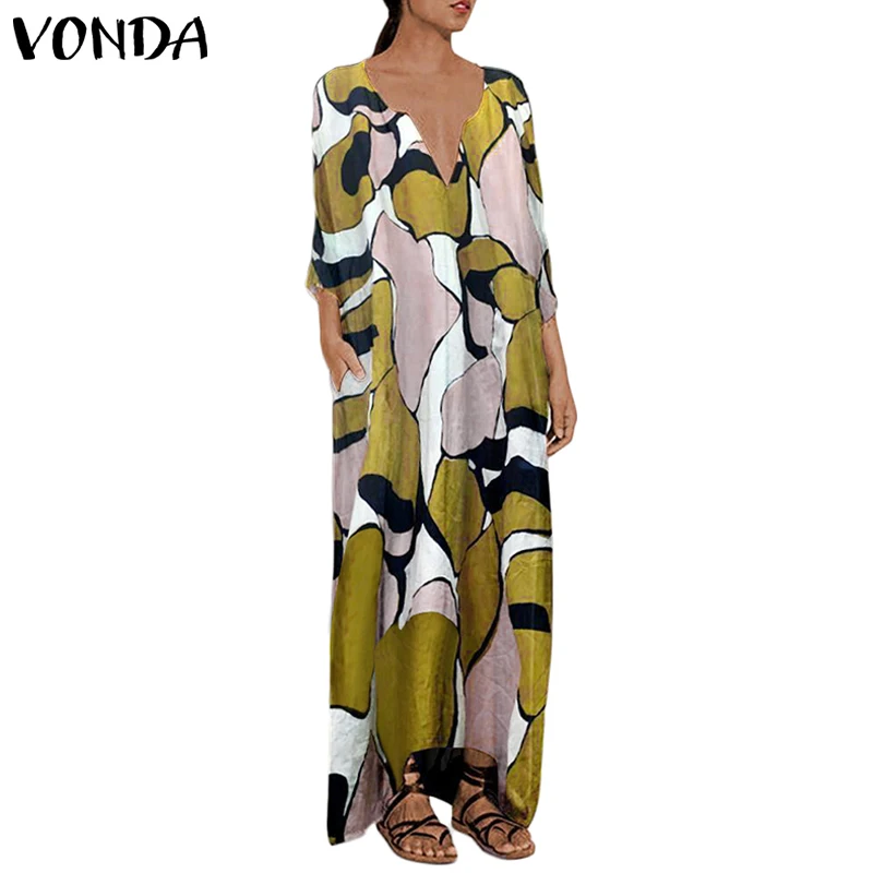 VONDA, женское платье макси, богемное, винтажное, v-образный вырез, пэчворк, цветочный принт, платье,, летнее, сексуальное, с неровным подолом, вечерние, Vestido S-5XL