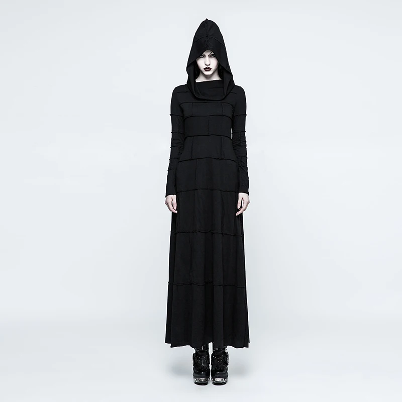 PUNK RAVE Women's Gothic Mysterious Hooded Bodycon Black Long Dress Extreme Straight Halloween Party Club Women Dress