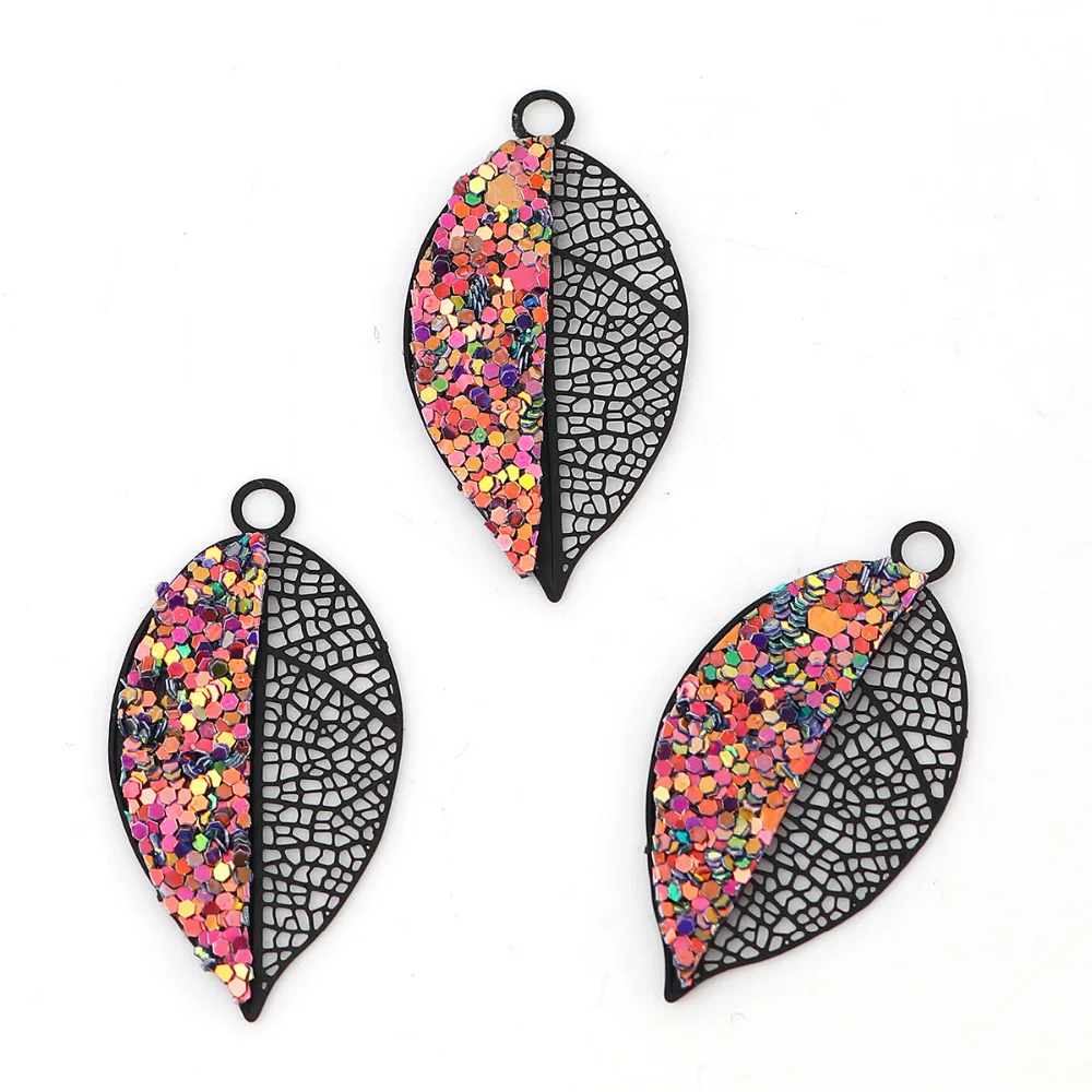 DoreenBeads медные кулоны в виде листьев черные разноцветные Блестящие Блестки