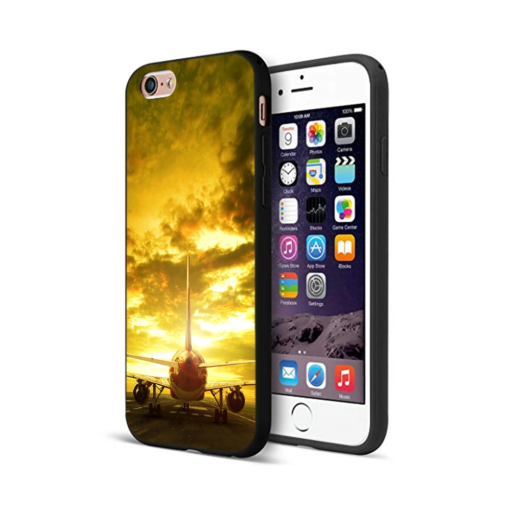 Черный ТПУ чехол для iphone 5 6 6s 7 8 plus x 10 XR XS 11 pro MAX летающий самолет на закате |