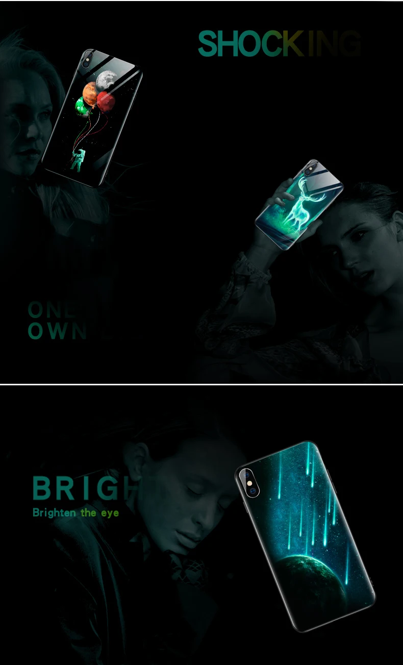 Светящийся чехол для телефона для iPhone XR XS Max X 8 7 6S 6 Plus 5 5S SE, чехол из закаленного стекла с узором в виде ночной моды, Задняя накладка чехла из ТПУ