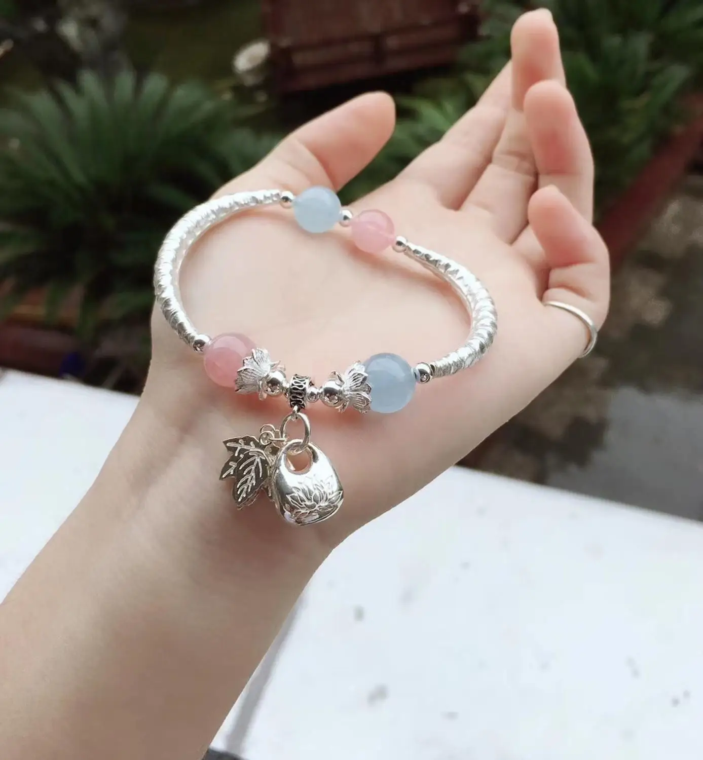 

Sterling S925 Silver Bracelet Women's Aquamarine Lock Leaf Tassel Beads 10mm 16cmL