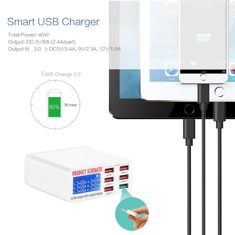 3 0 F Зарядка 6 USB зарядное устройство концентратор 40 Вт 5 в А умный светодиодный