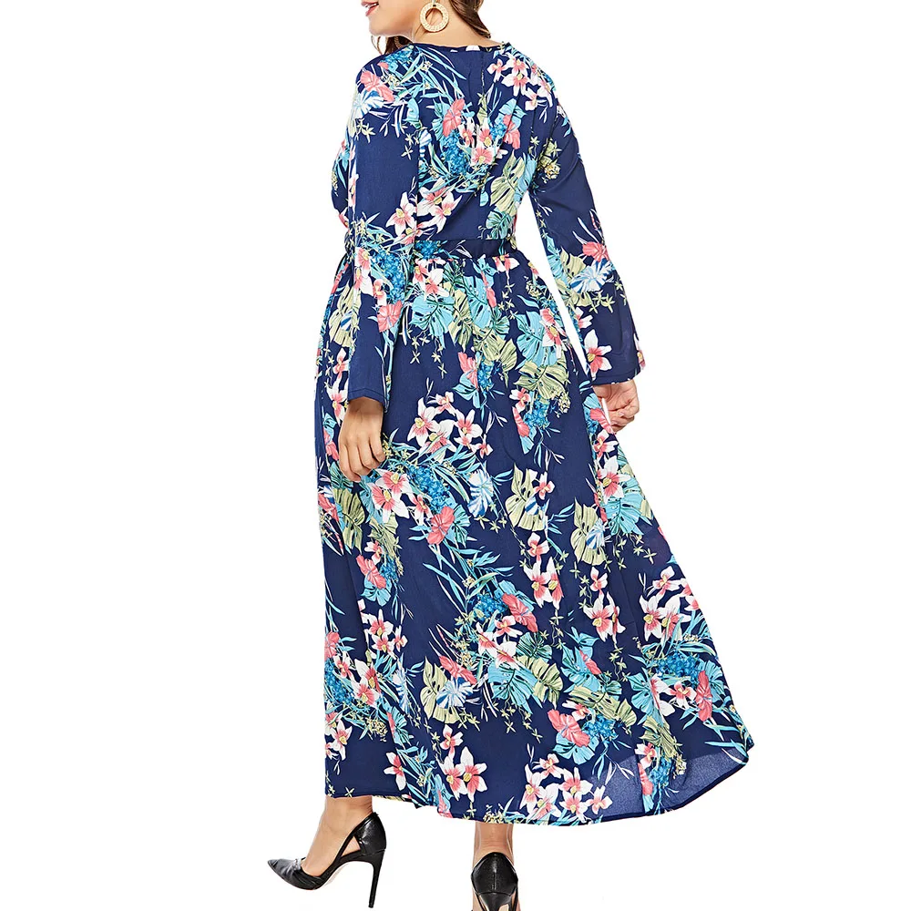 Boho платье 2019 винтажное красное с длинным рукавом и цветочным принтом женское