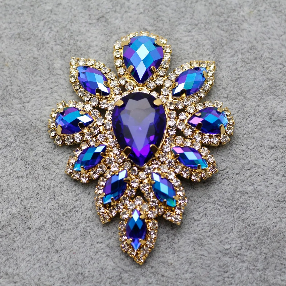 Стеклянная цветная синяя Цветочная аппликация со стразами 5 8*4 см Золотая основа