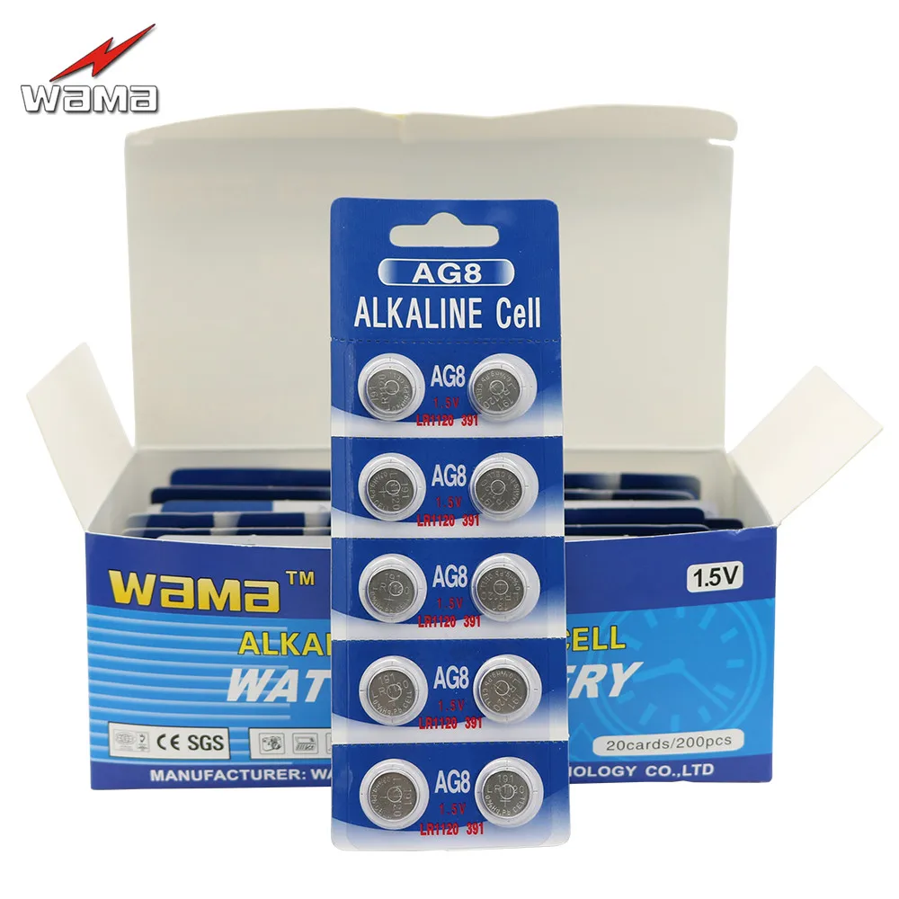 200 шт./лот WAMA AG8 1,5 V батареи LR1120 191 391 SR1120 часы, щелочные пуговичные элементы, одноразовая батарея батареи щелочные high power