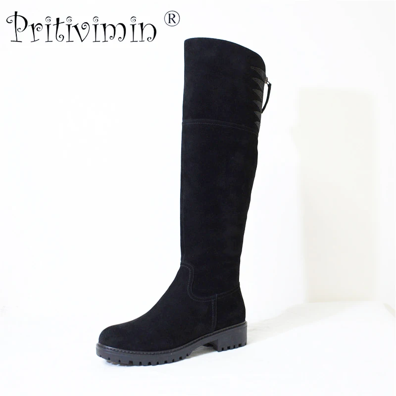 black Pritivimin/женские замшевые сапоги; botte femme; зимние женские теплые сапоги ручной работы из натуральной шерсти с меховой подкладкой; женские Сапоги выше колена; FN73 - Цвет: black