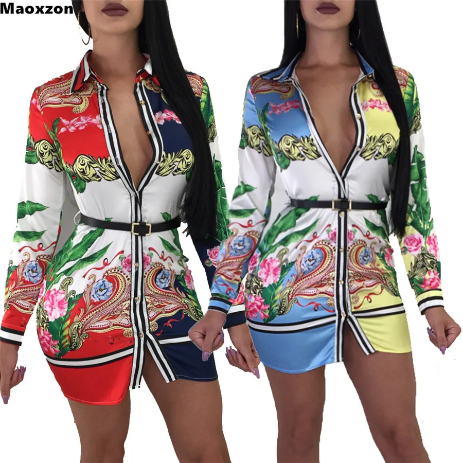 Женская блузка Maoxzon длинная рубашка с принтом длинным рукавом и открытой