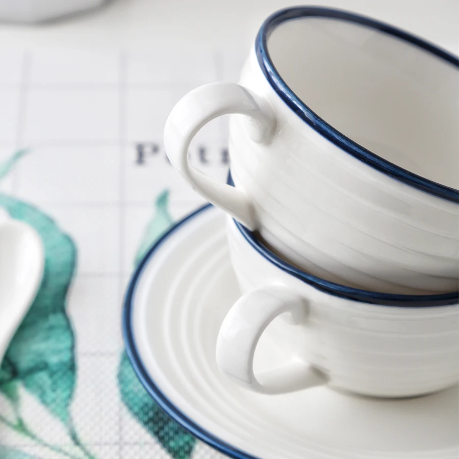 MUZITY Ceramic Coffee Cup and Saucer Thread Design with Dark Blue Line Porcelain Tea Set Drinkware | Дом и сад