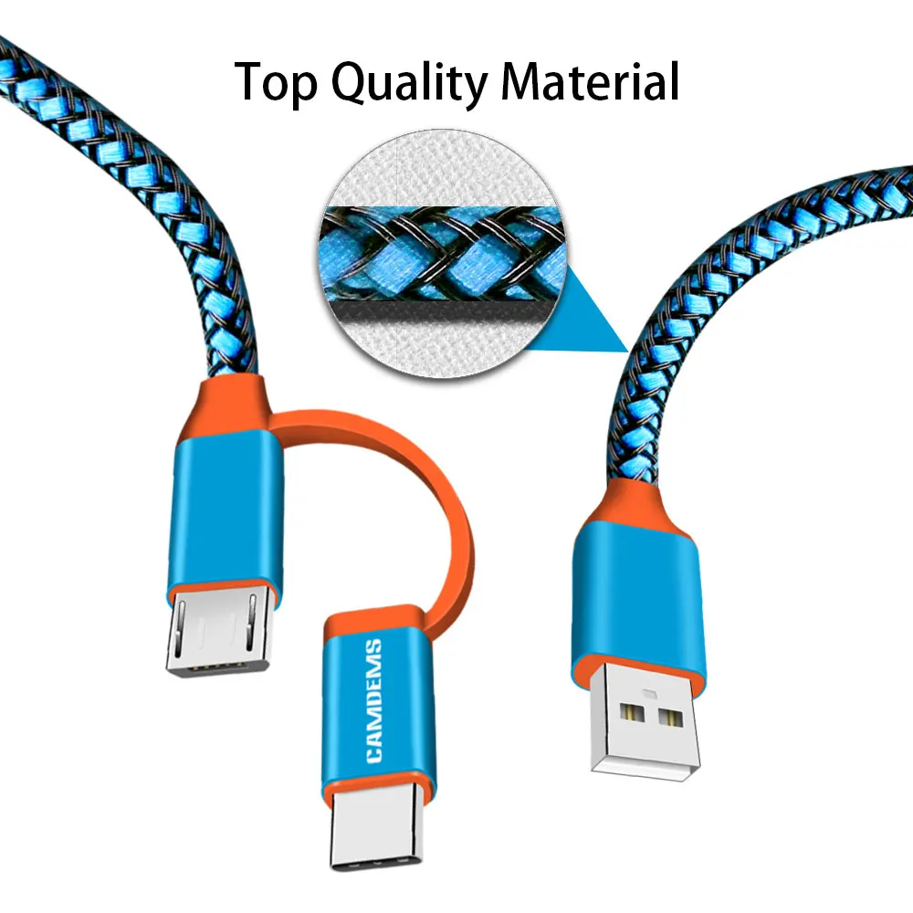 CAMDEMS 2 в 1 Micro & type c Usb Плетеный тканевый рыбий шелк usb кабель м 3 фута кабели для samsung s6