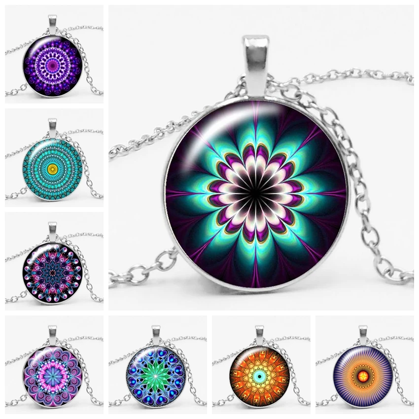 

Fashion Charm Color Ethnic Wind Kaleidoscope Buddhist Yoga Mandala Glass Bullet Pendant Necklace Women's Round Pendant