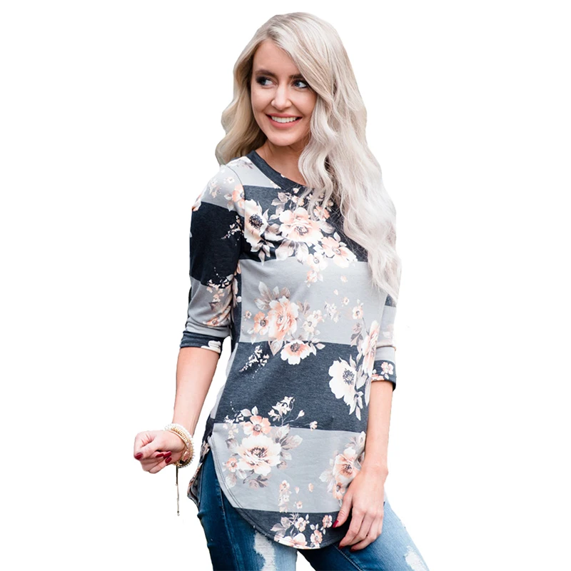 2018 Новые Модные Весенние футболки Для женщин Цветочный Принт с длинным рукавом О