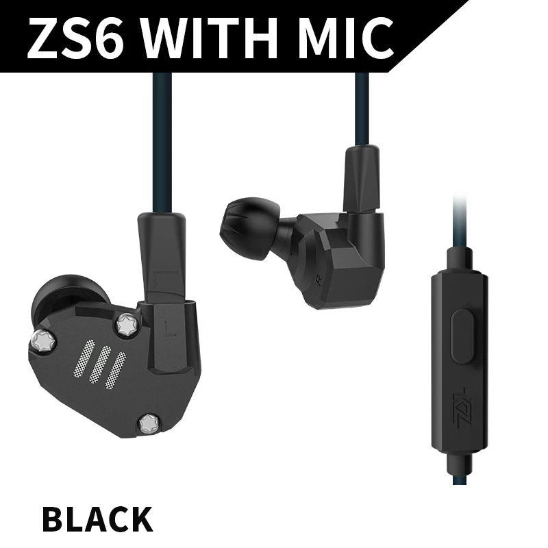 Black with mic KZ ZS6 2DD+ 2BA гибридные наушники-вкладыши HIFI DJ Monito спортивные наушники для бега наушники-вкладыши наушники KZ ZS6 ZS10 ZS5 AS10 ES4 - Цвет: Black with mic