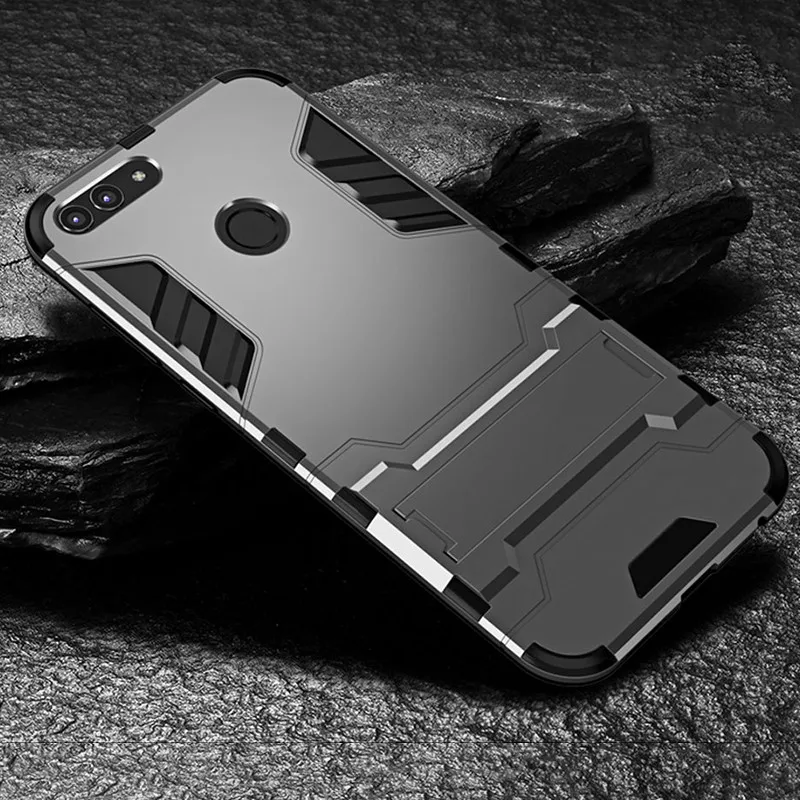 Черный Чехол для huawei P Smart, противоударный чехол из ТПУ+ поликарбоната, жесткий пластик с подставкой, двойная гибридная задняя крышка для huawei P Smart, чехол - Цвет: Черный