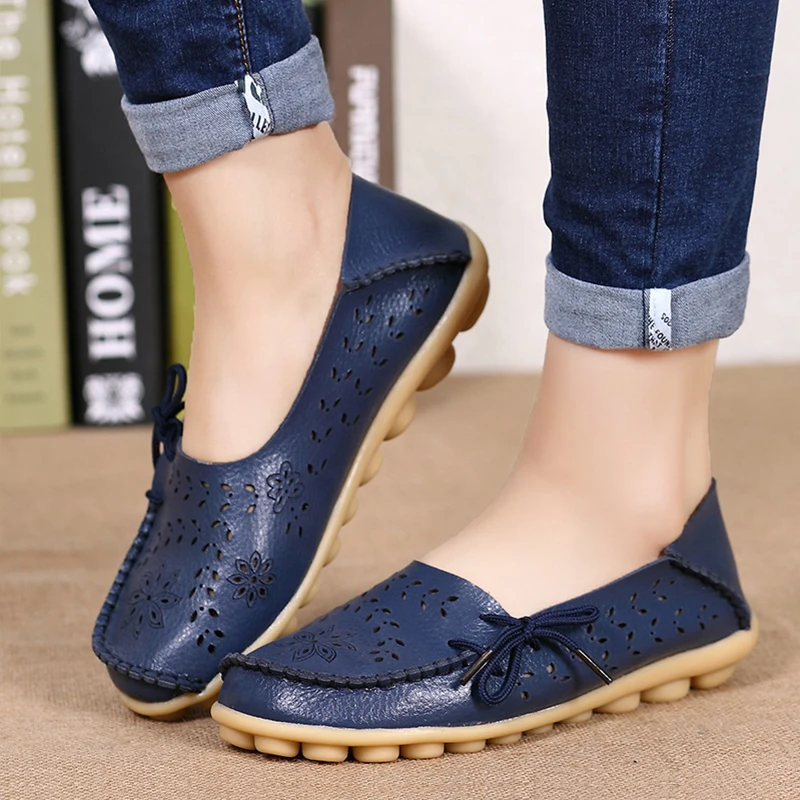 Dark blue Big size 34-44 spring women flats shoes women genuine leather flats ladies shoes female cutout slip on ballet flat loafers - Цвет: Dark blue
