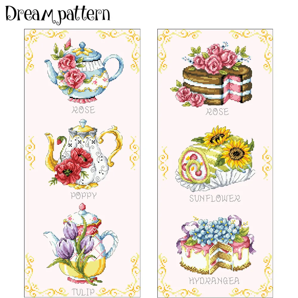 

Teapot cake cross stitch kit cartoon flower package aida 18ct 14ct pink fabric canvas embroidery DIY handmade needlework