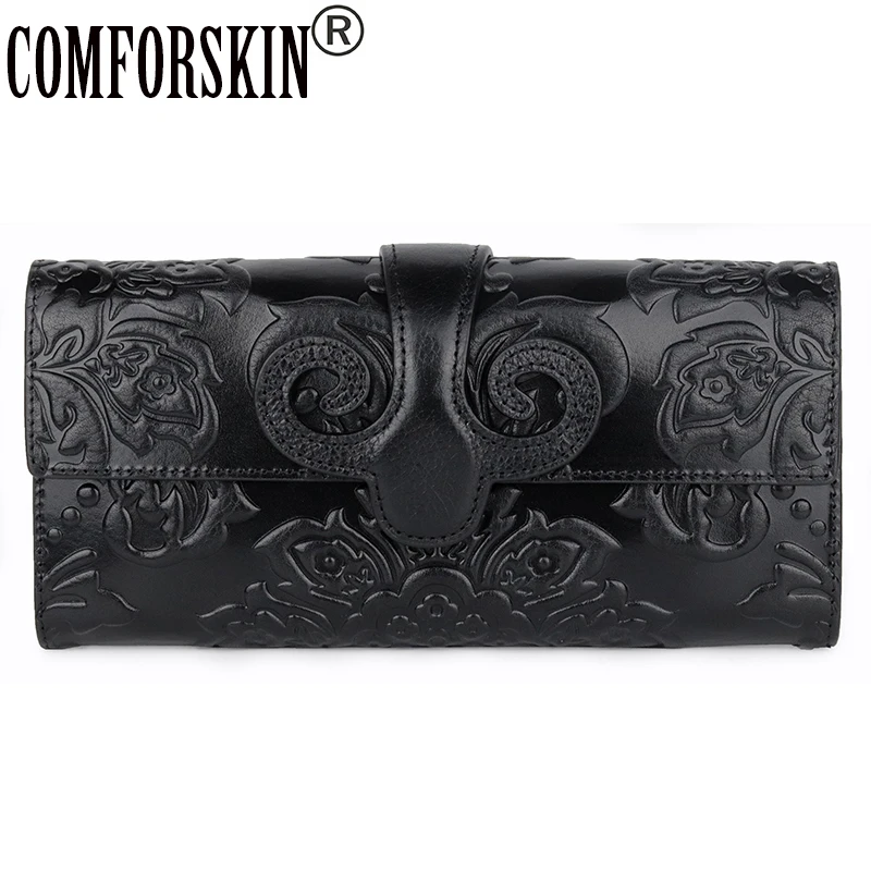 COMFORSKIN, Воловья кожа, Ретро стиль, уникальный, тисненый, Цветочный, женский кошелек, известный бренд, длинный Чехол, стиль, большая емкость, женские кошельки