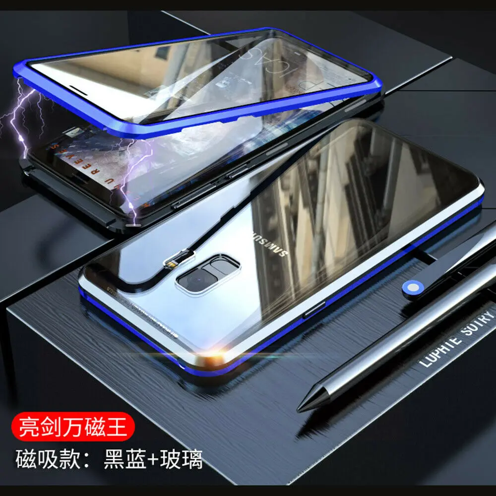 Для samsung Galaxy S10 S9 S8 плюс S10E Note 9 8 360 градусов Экран протектор стеклянный магнит чехол для мобильного телефона для iPhone 8 7 Plus X XS Max XR - Цвет: Blue Black