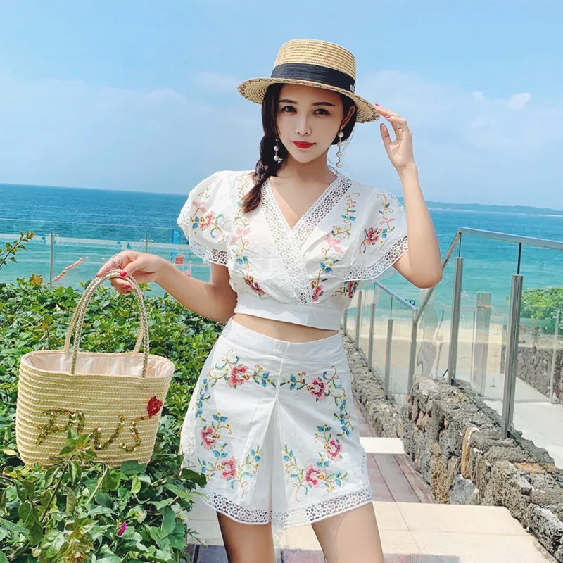 Женский комплект из двух предметов летний пикантный укороченный топ с вышивкой и