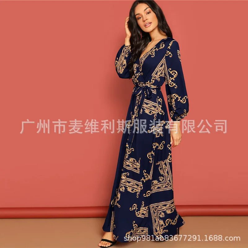 Женское богемное Пляжное Платье макси с длинным рукавом v образным вырезом и