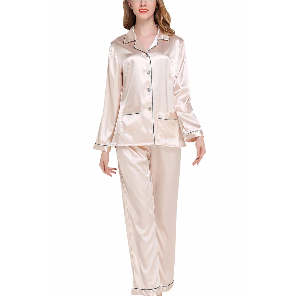 2017 Spring Autumn Women Pajamas Sleepwear Suit Set Sex Nightgown Femme Silk Loose Solid Long Sleeve Tops+Pants Style | Женская одежда