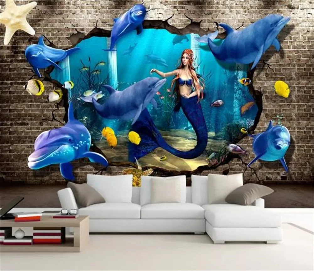 Custom Any Size 3d Wallpape Underwater World Dolphin Turtle Mermaid 3D Through the Wall TV Background Decoration Wallpaper | Обустройство
