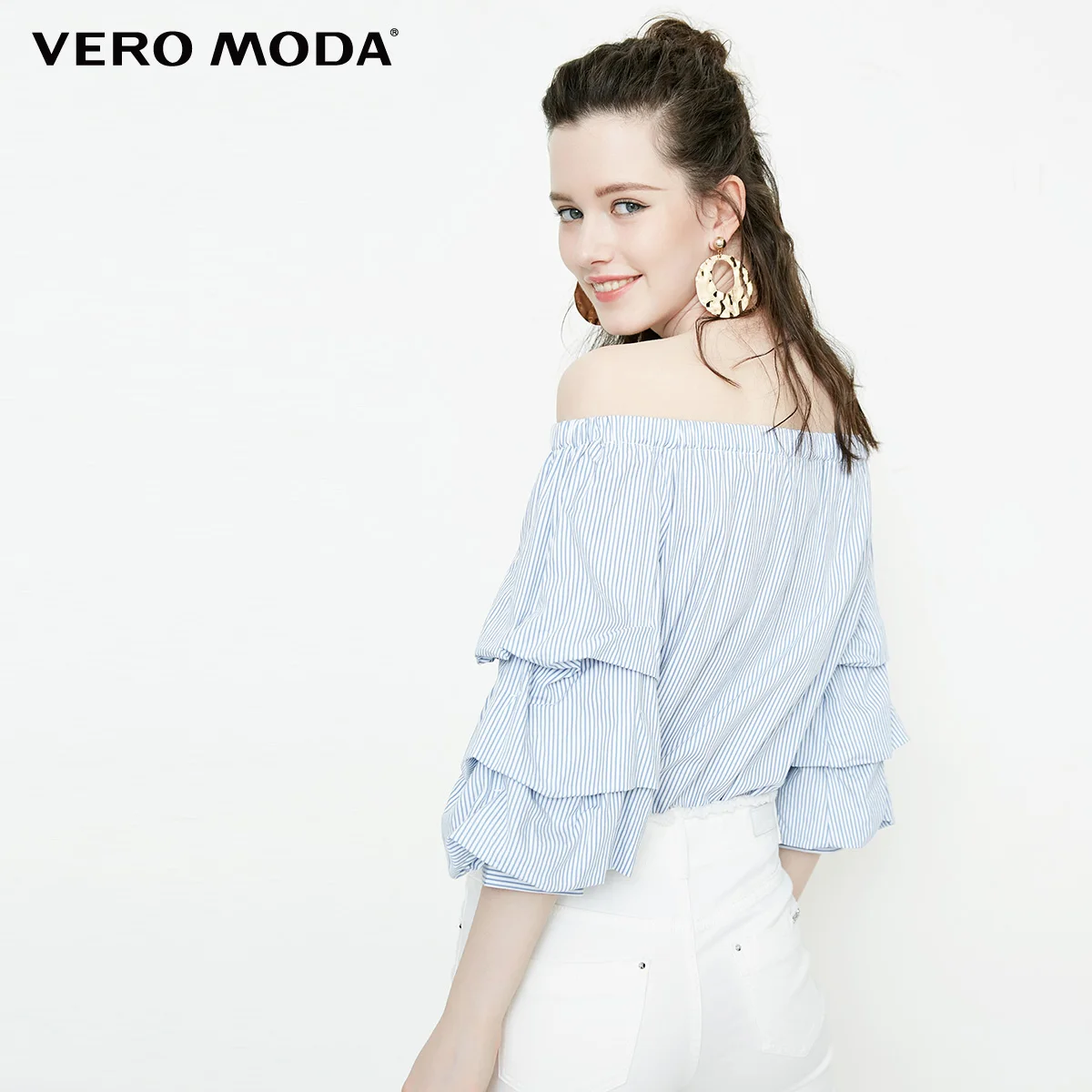 Vero Moda Весна Лето Новый эластичный вырез лодочкой слоистых полосатые топы рубашка