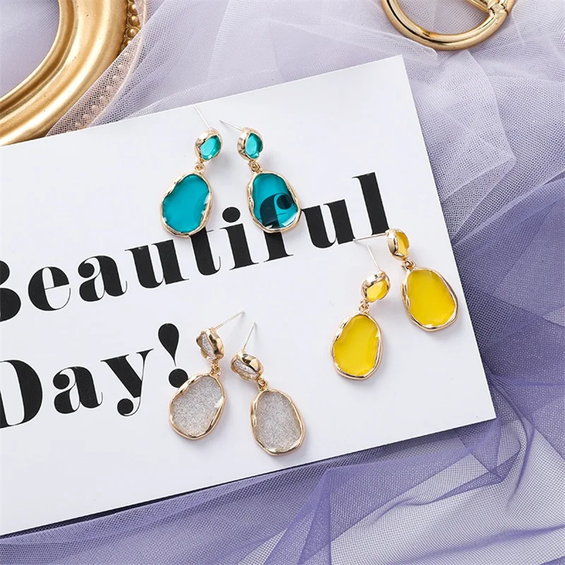 Korea Trends Geometry Acrylic Pendant Earrings Color Metal Long Women Summer Simple Joker Jewelry Accessories | Украшения и