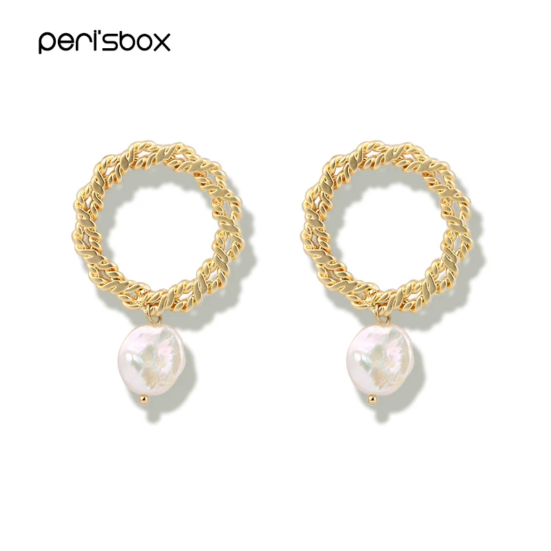 Серьги-кольца Peri'sBox золотого цвета, висящие из пресноводного жемчуга для женщин, скрученный круг в стиле барокко, серьги, минималистичные очаровательные серьги