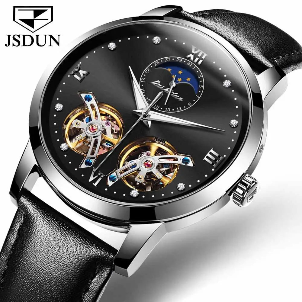 Silver Black JSDUN Роскошные деловые мужские механические наручные часы с двойным турбийоном и скелетом, с Циферблатом из белого золота, автоматические часы - Цвет: Silver Black