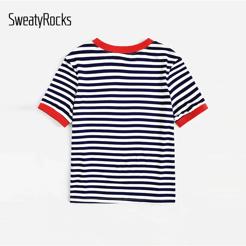 Футболка SweatyRocks с карманом и заплатками в полоску, уличная футболка, женская футболка, лето, опрятный Топ, Женские Повседневные базовые футболки