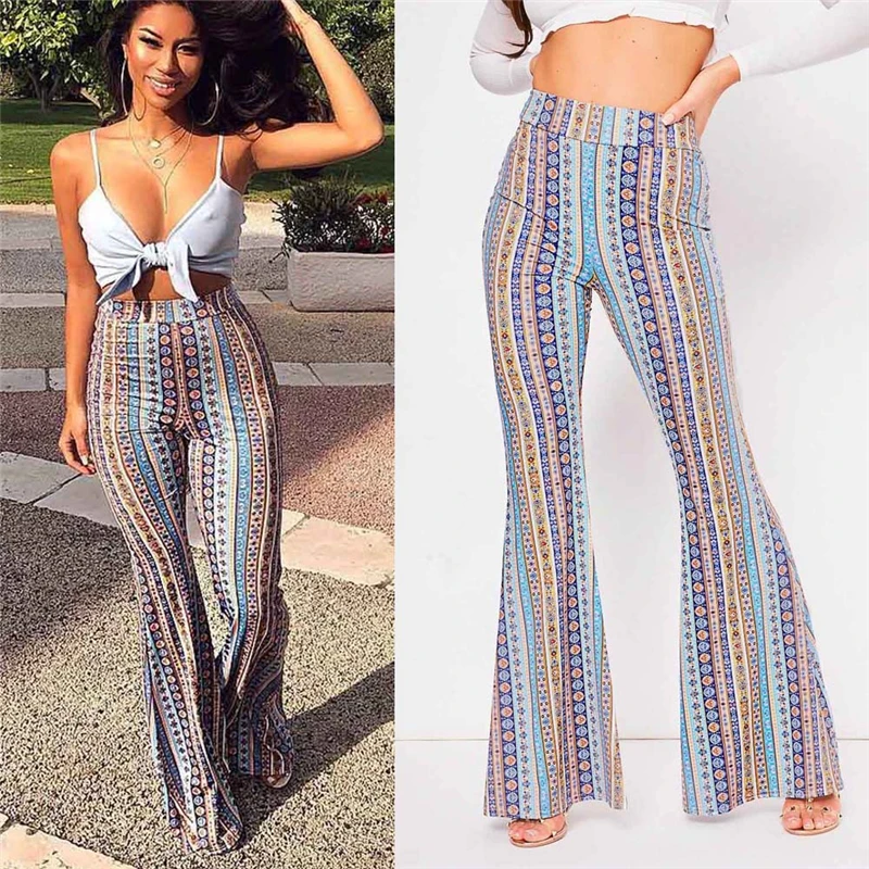 2020 Women Striped Printed New Boho Flare Pants High Elastic Waist Vintage Soft Stretch Ethnic Style Bell Bottom Hippie Pants