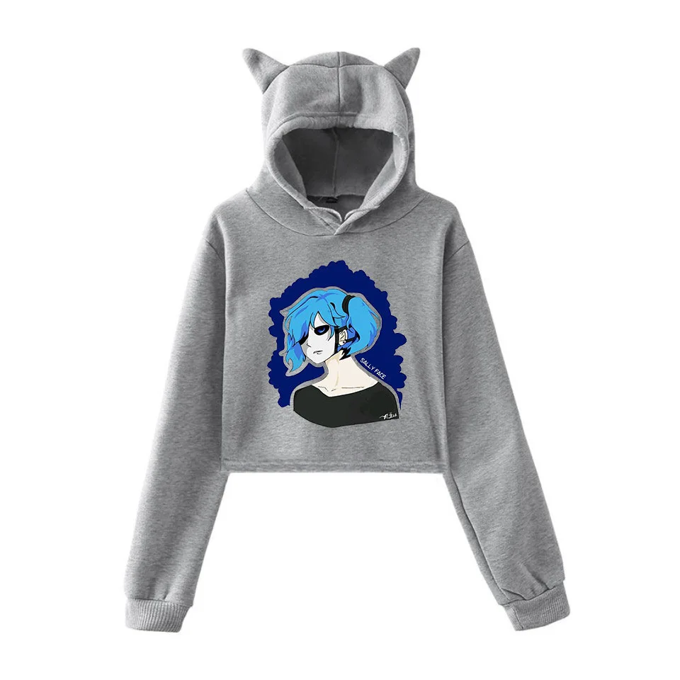 sally grey hoodie Новинка, милая Женская толстовка с капюшоном Sally face для девочек, кроп-топы с кошачьими ушами и принтом в виде глаз sally, укороченная толстовка с капюшоном в виде кошки, пуловер XXS-XXL - Цвет: sally grey hoodie