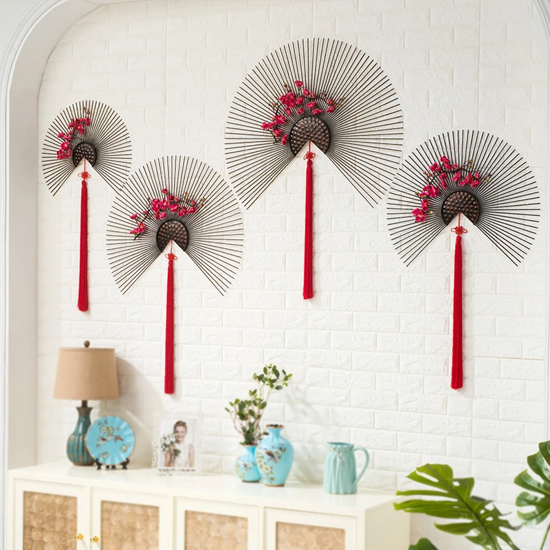 Современное Кованое железо в форме веера черно красное настенное украшение