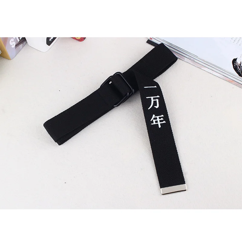 black yiwannian Black White Canvas Belt For Men Women Jeans Chinese Characters Personality Double Ring Buckle Belt Casual white Waistband Z3 - Цвет: black yiwannian