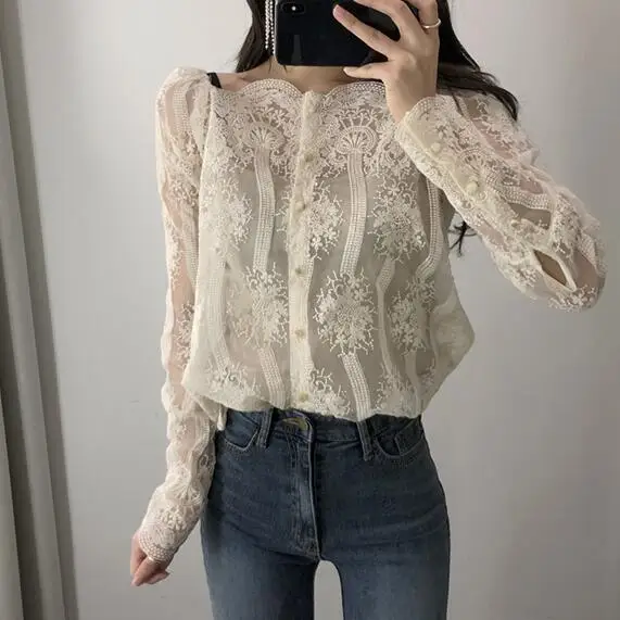 Весенне-летние женские сексуальные блузки с цветочной вышивкой однобортные