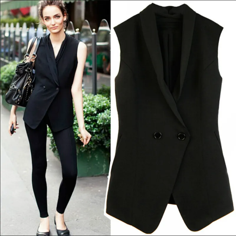 

Women Black Vest Double Breasted Formal Female Waistcoat Vestes Sans Manches Ol Style Women Blazer Vest 2021 New Fashion A3138