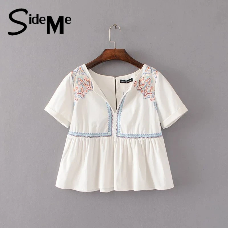 2017 New Summer V-neck Floral Embroidered Ruffles White Cotton Harajuku Women tops Linen blouses femme shirt Flare Short Sleeves |